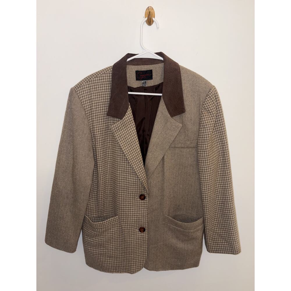 Vintage Cayenne Women’s Blazer Jacket Brown Houndstooth Patchwork Collar